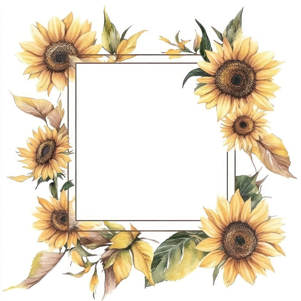 Sunflower flowers square line frame sunflower art illustration.