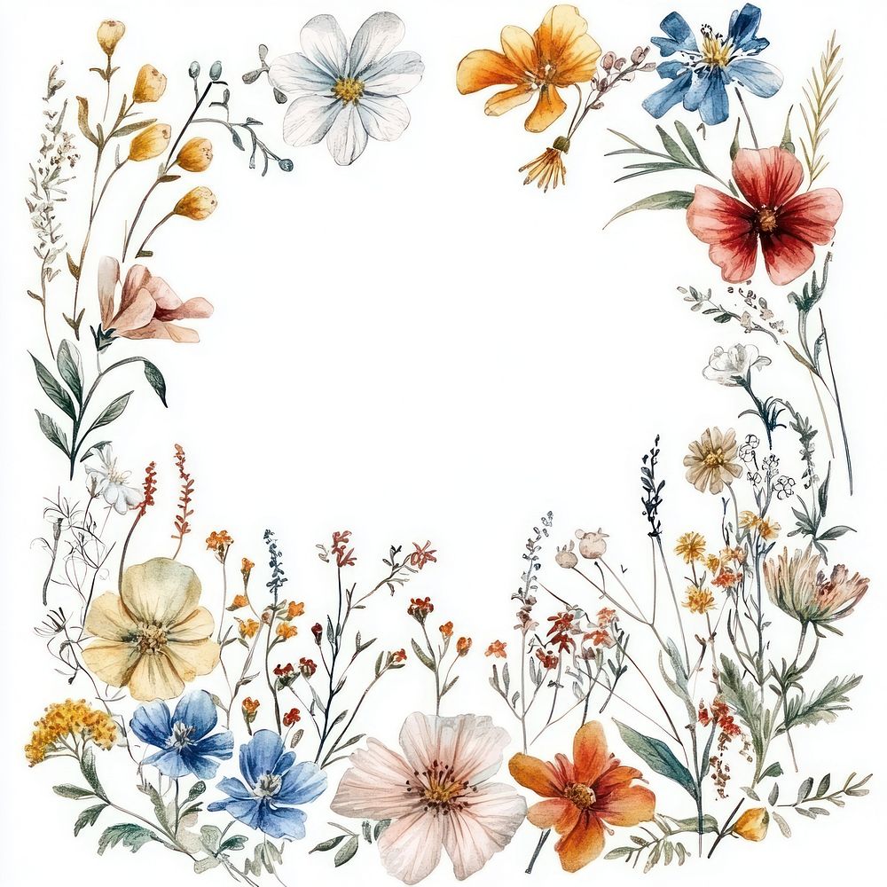 Wild flowers square line frame art illustration watercolor.