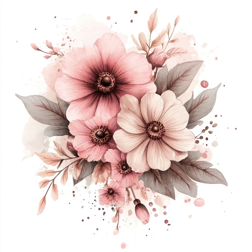 Pink and beige flowers bouquet art illustration watercolor.