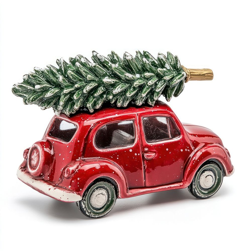 Red car carrying a laying down Christmas tree christmas transportation christmas tree.