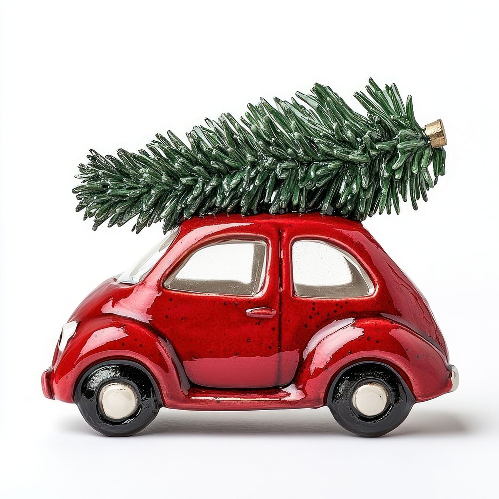 Red car carrying a laying down Christmas tree christmas ceramic transportation.