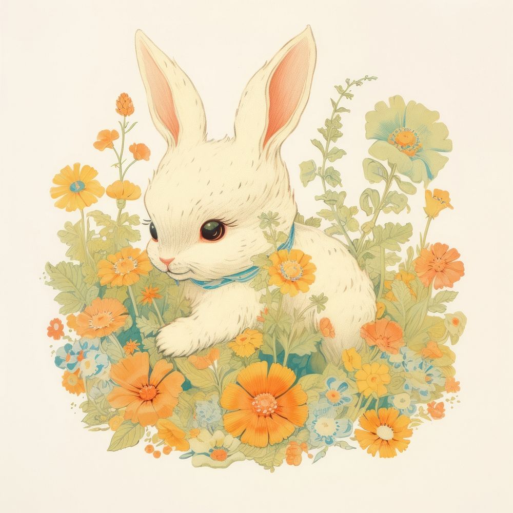 Baby rabbit flowers illustration animal.