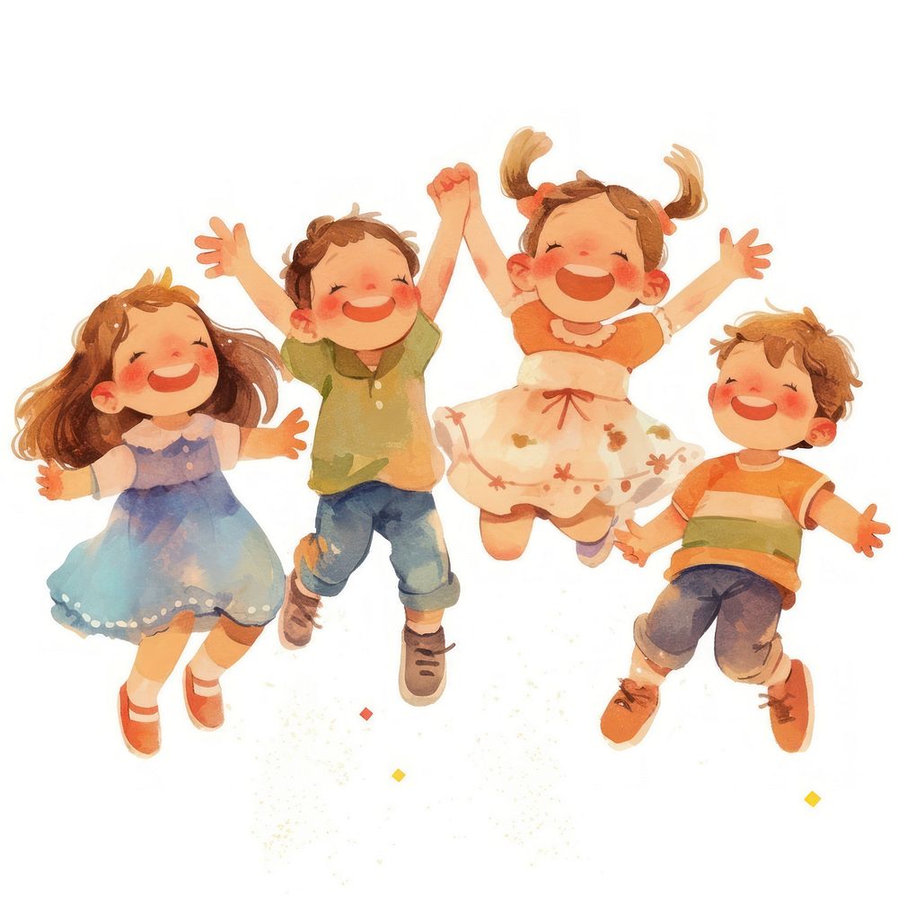 A cute four kids jumping together happy art illustration watercolor.