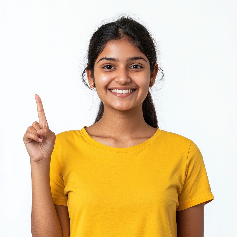 Indian woman wearing a yellow t-shirt happy background expression.