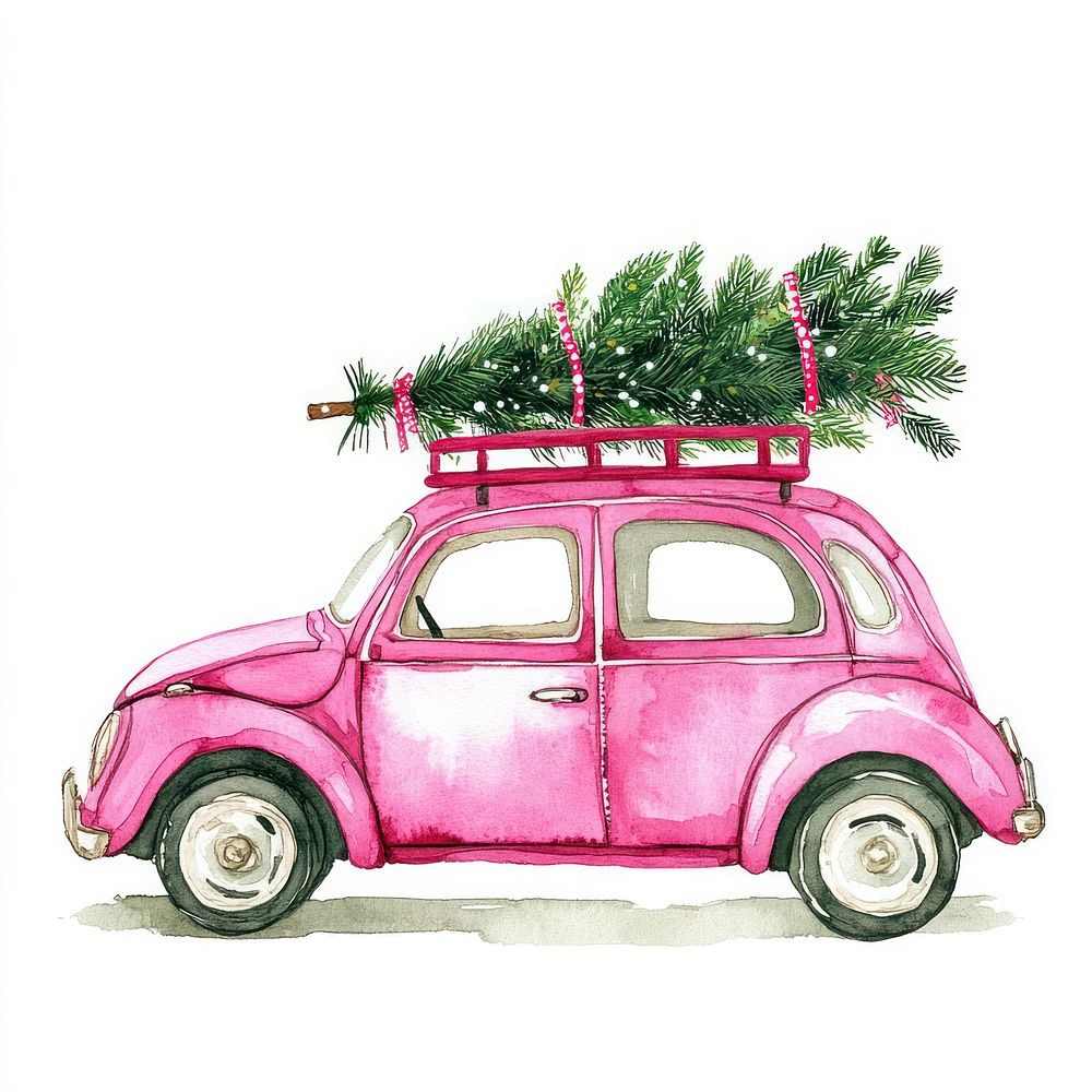 Christmas car tree art watercolor.