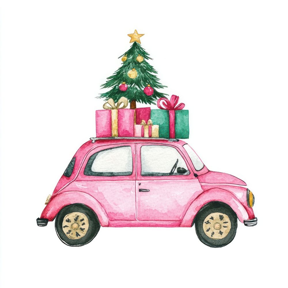 Christmas car christmas tree watercolor.