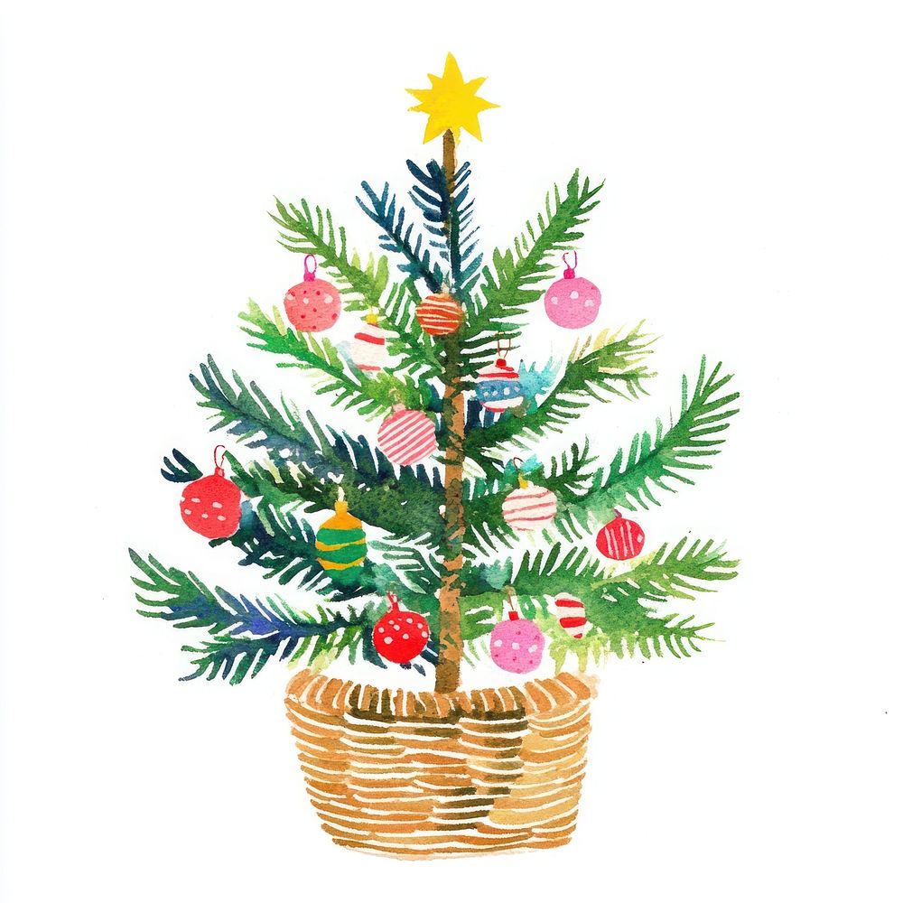 Christmas tree in a basket christmas watercolor decoration.