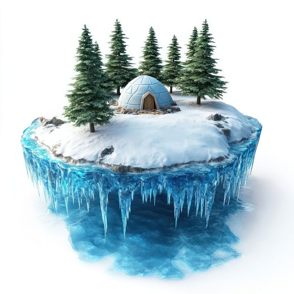 Floating blue ice island igloo trees snow.