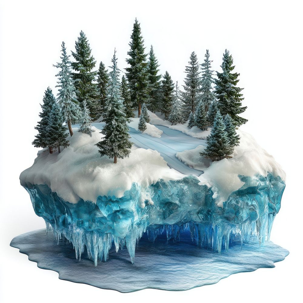 Floating blue ice island trees snow scenery.