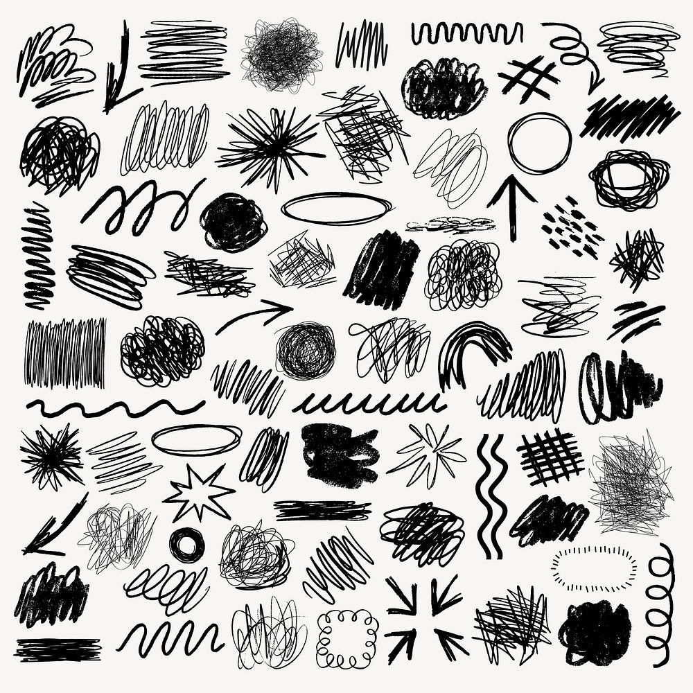 A collection of black ink scribble art illustration. Set of black ink scribble in various design illustrations. Illustration…