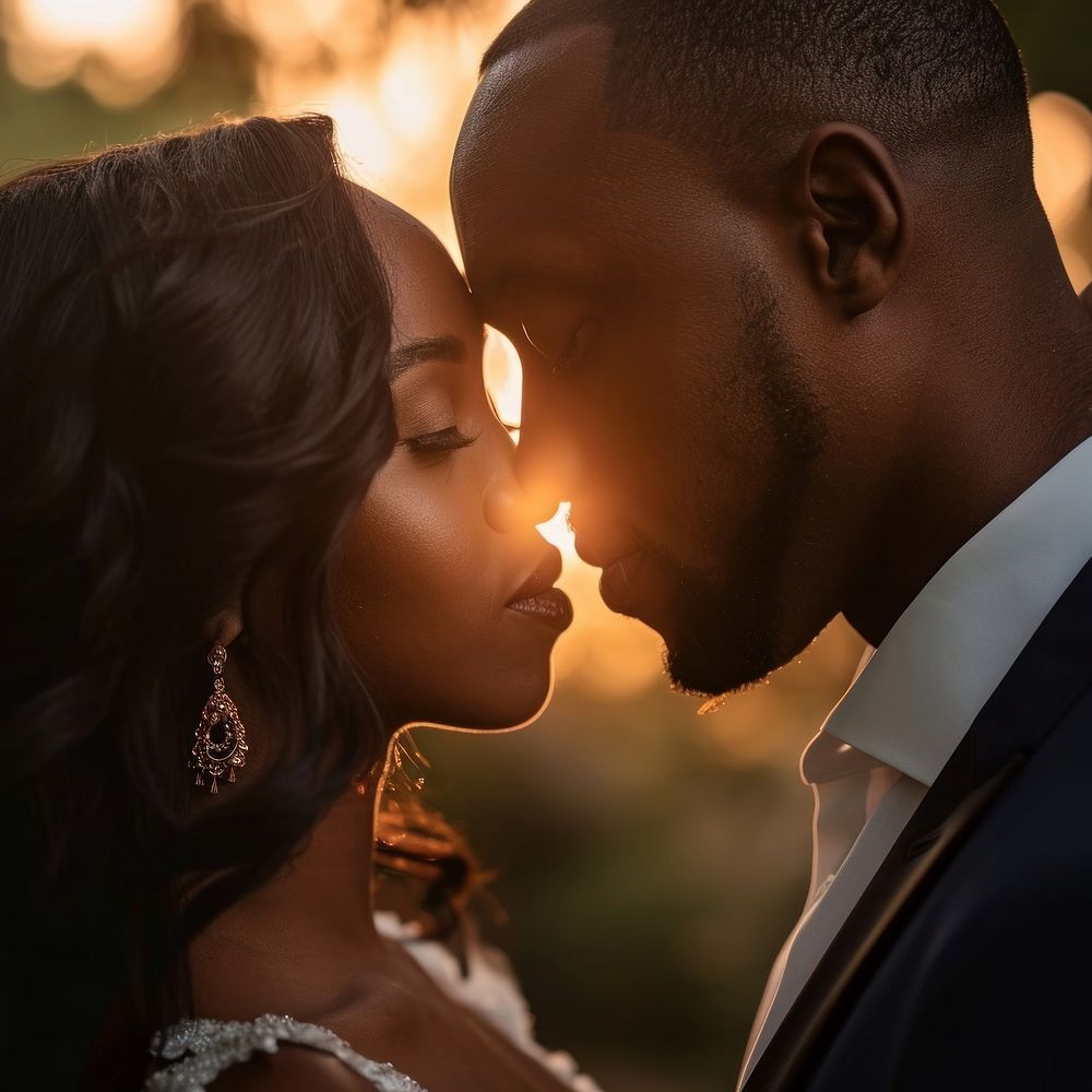 Black couple sharing a kiss wedding portrait kissing.