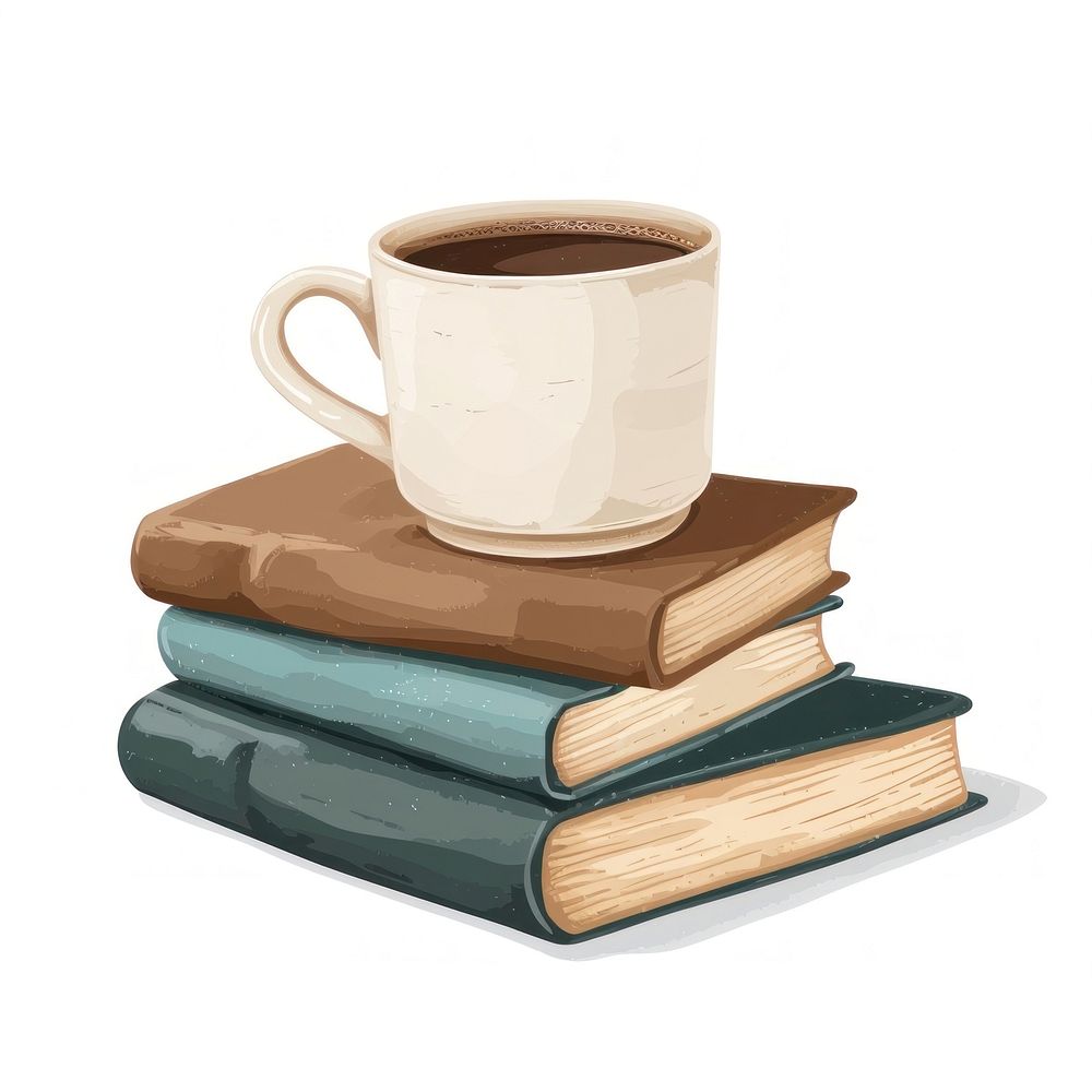 Education book stationary with coffee publication saucer drink.