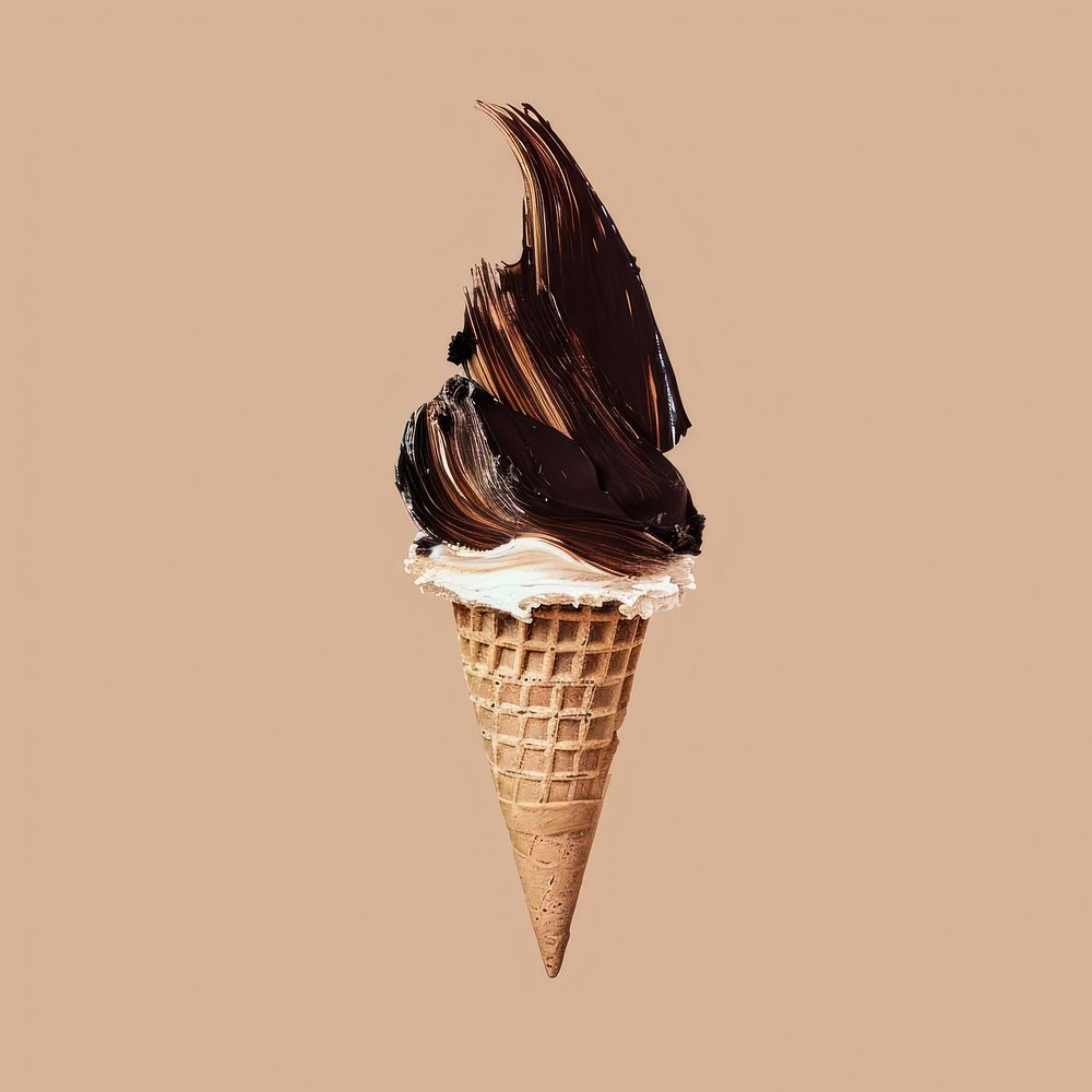 Chocolate icecream cone with a brown brush stroke dessert food freshness.