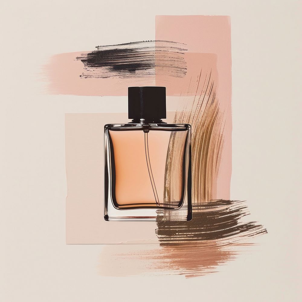 A perfume bottle with a brown and pink beige brush stroke cosmetics art electronics.