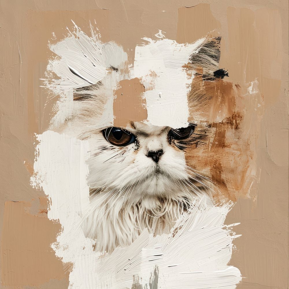 A persian cat with a brown and brush stroke art portrait painting.