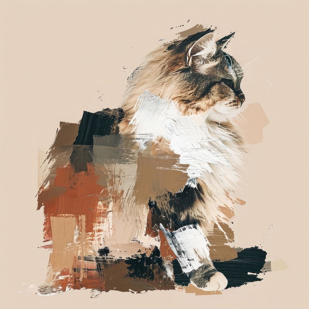 A persian cat with a brown and brush stroke art painting mammal.