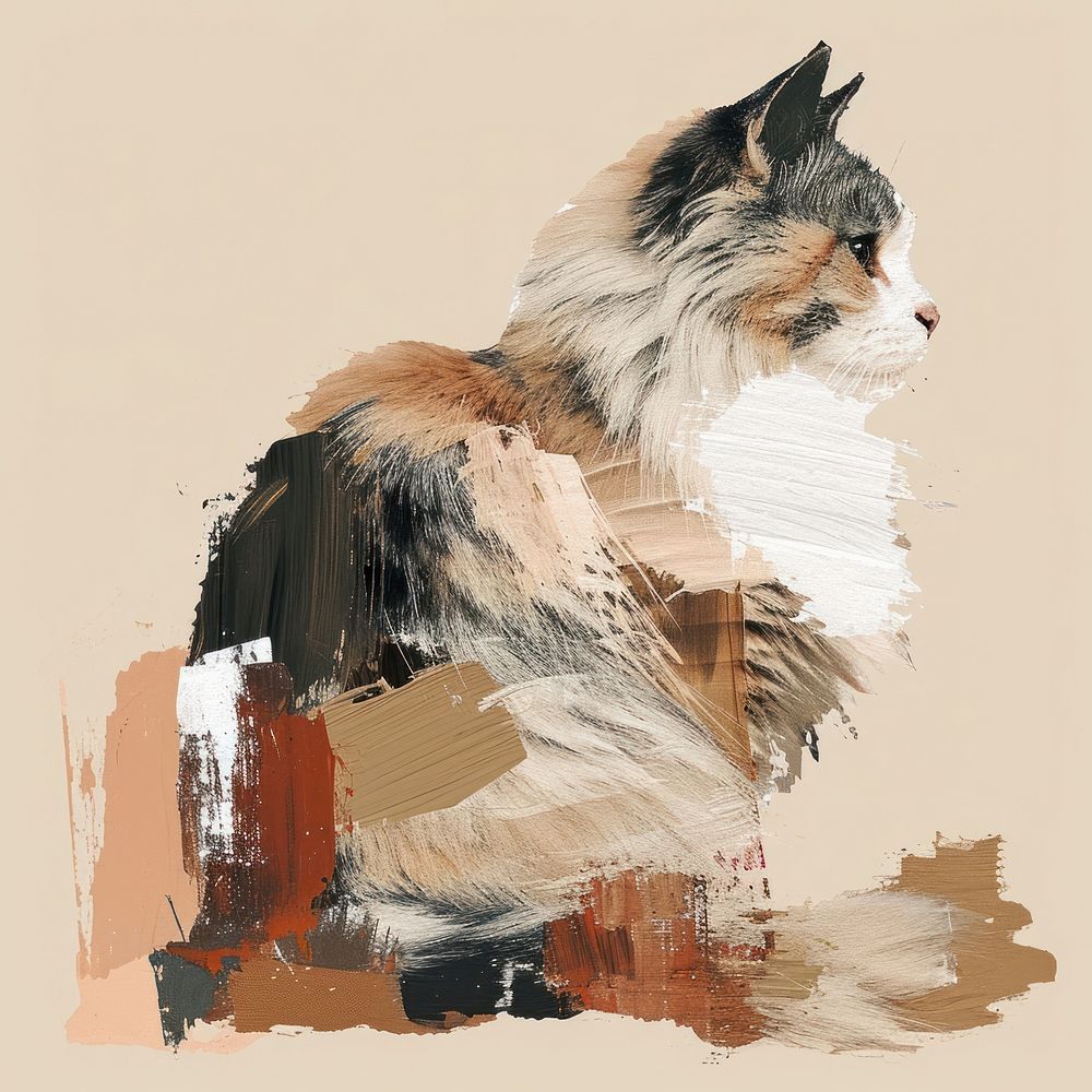 A persian cat with a brown and brush stroke art painting mammal.