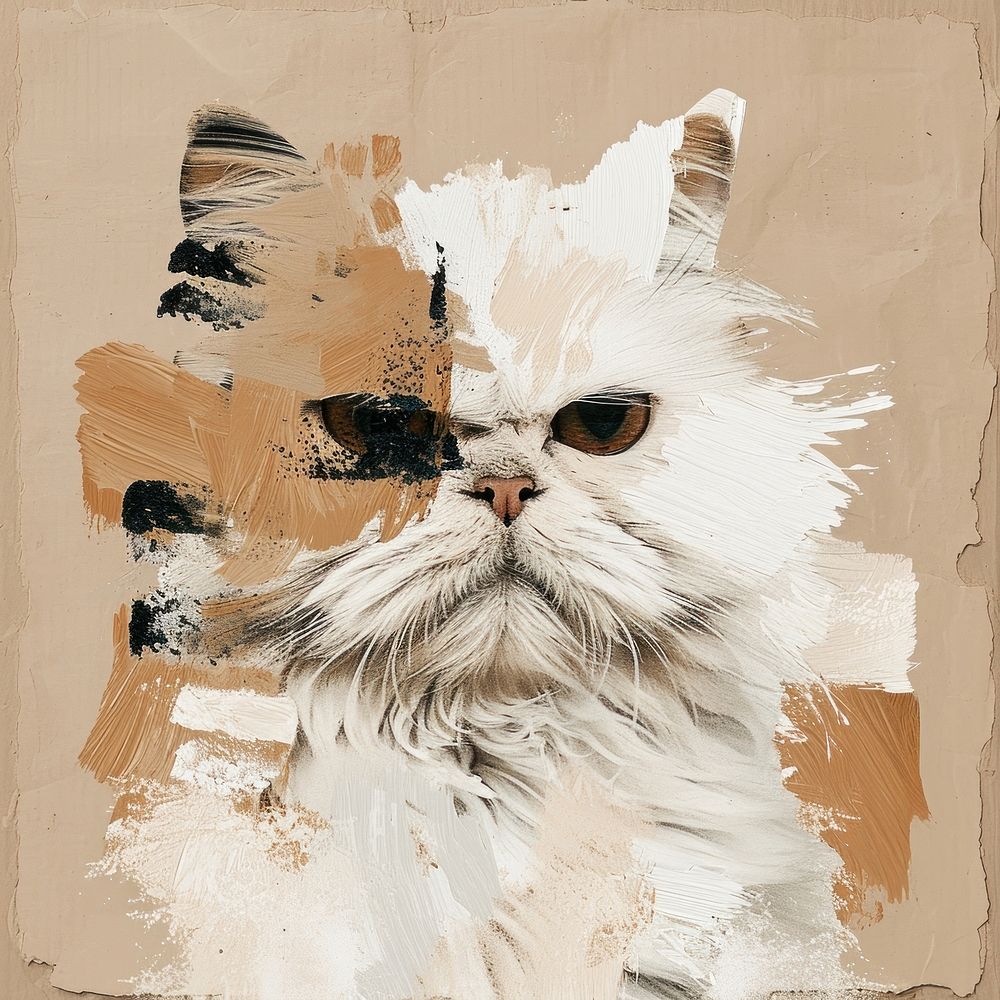A persian cat with a brown and brush stroke art painting drawing.