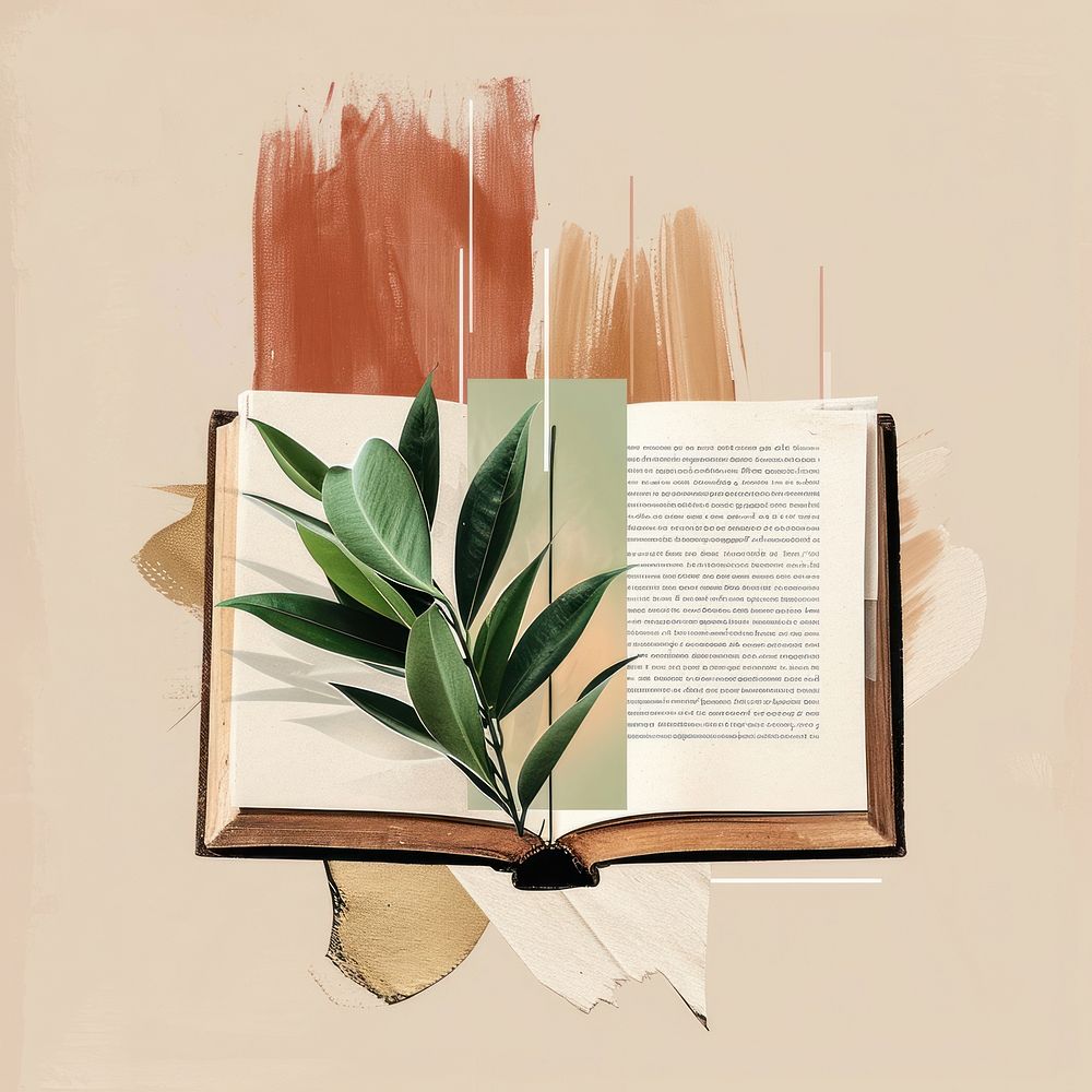 An open book and plant with a brown brush stroke publication paper text.