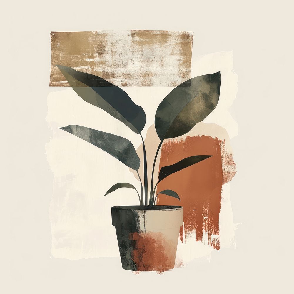 Plant potted with a brown and brush stroke art painting leaf.