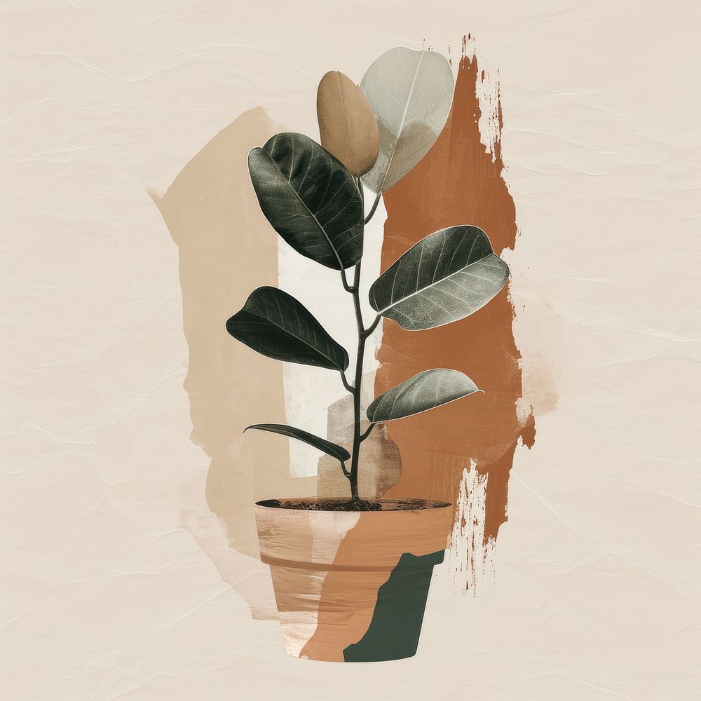 Plant potted with a brown and brush stroke art leaf creativity.