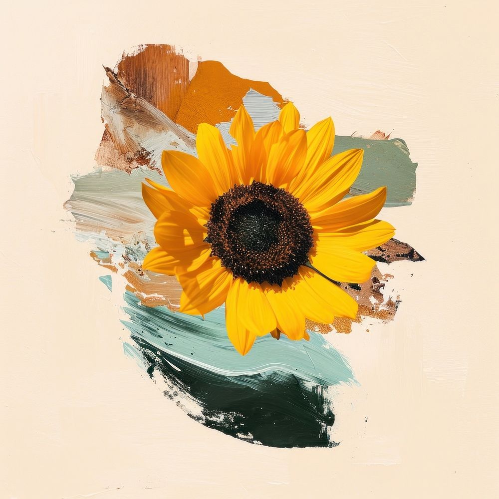 An acrylic stroke top with sunflower element overlay art painting petal.