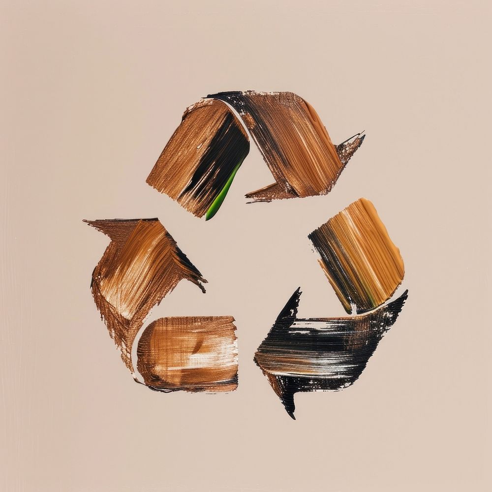 A recycle icon with a brown brush stroke art wood recycling.