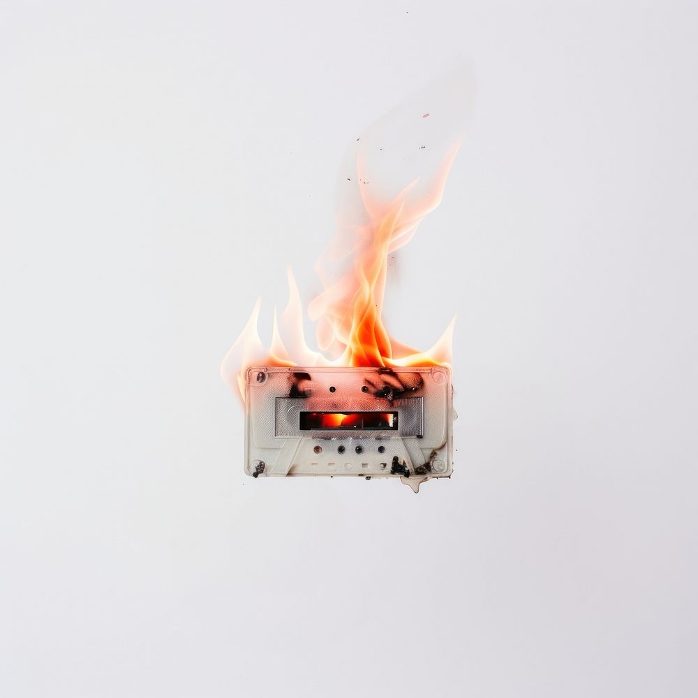 Cassette tape fire fireplace burning.