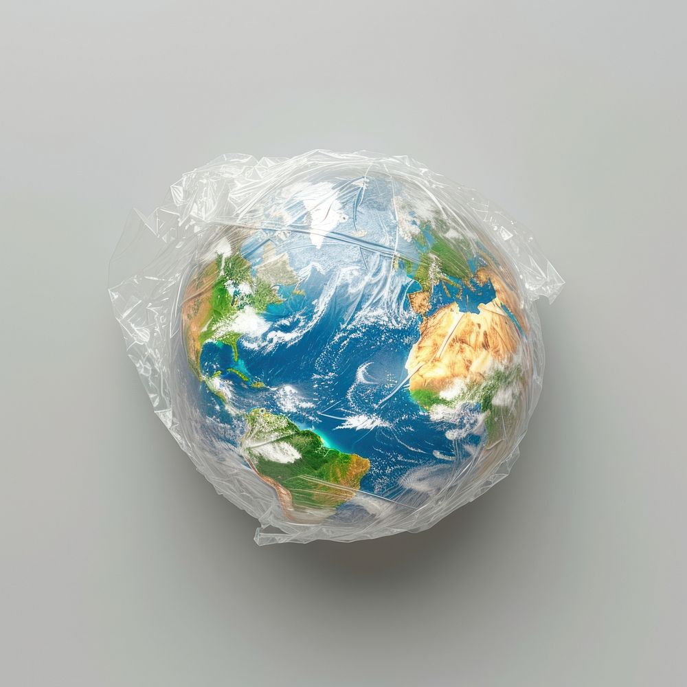 Plastic wrapping over waste globe planet space accessories.