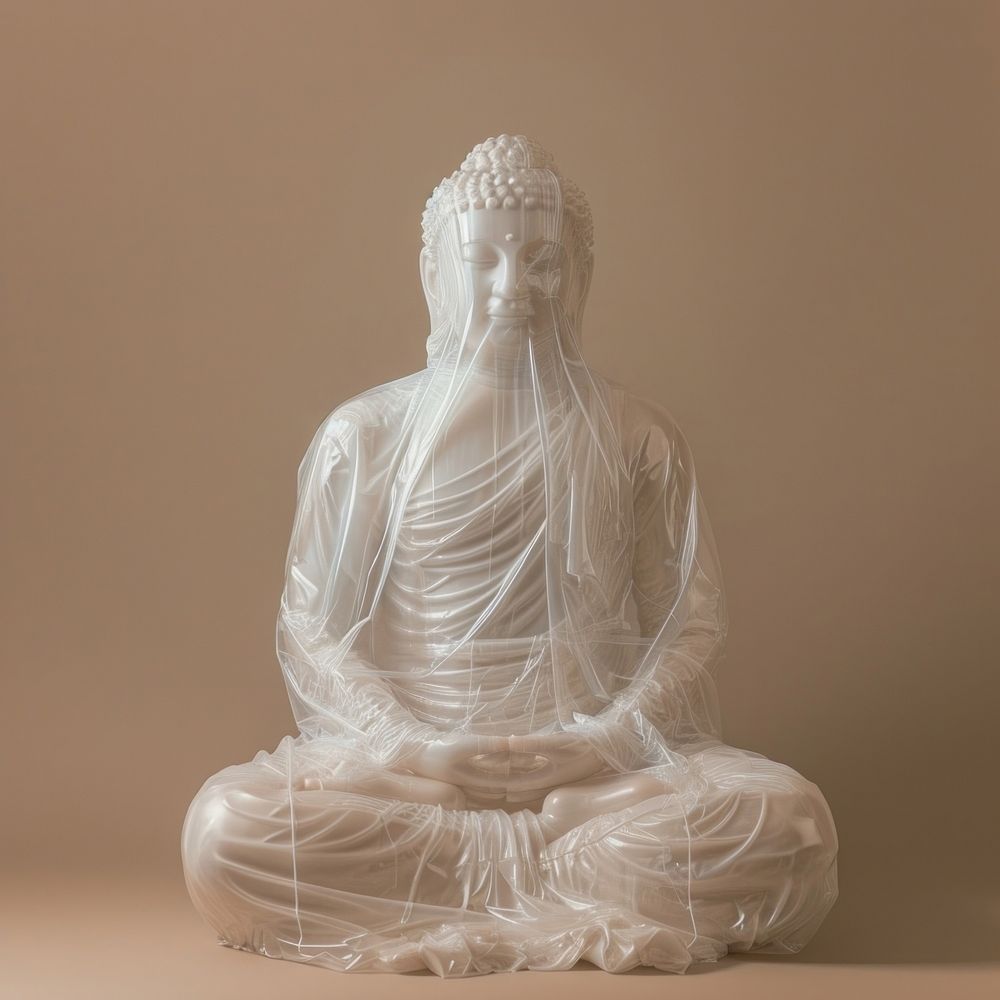 Plastic wrapping over buddha statue white art representation.