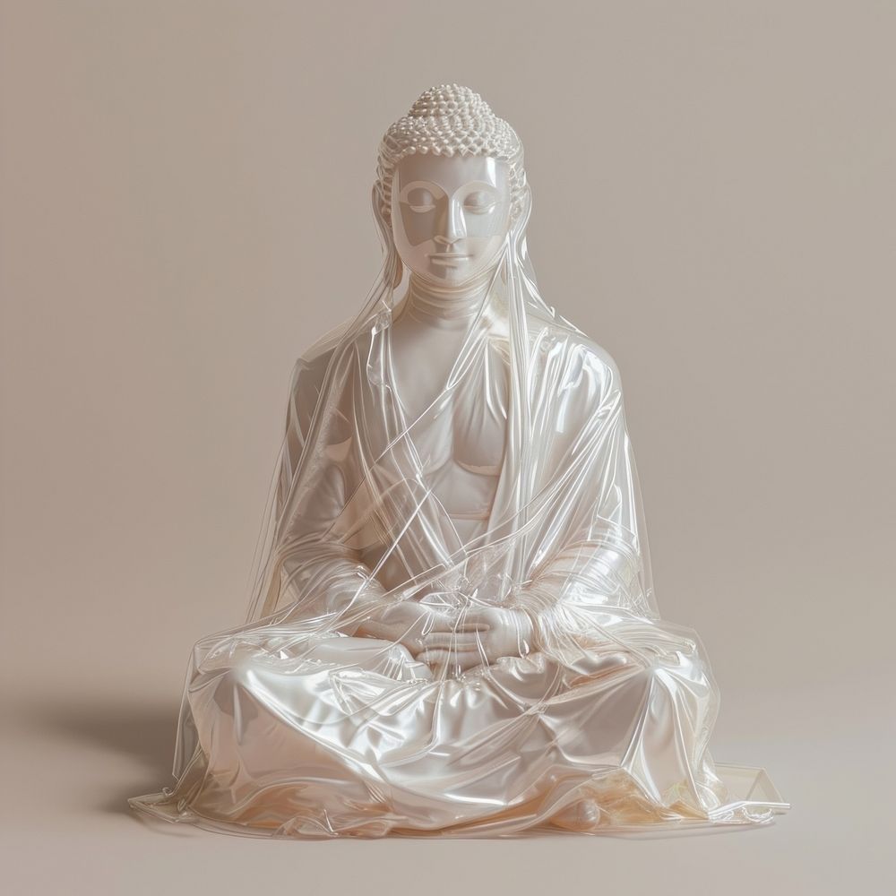 Plastic wrapping over buddha statue adult white art.