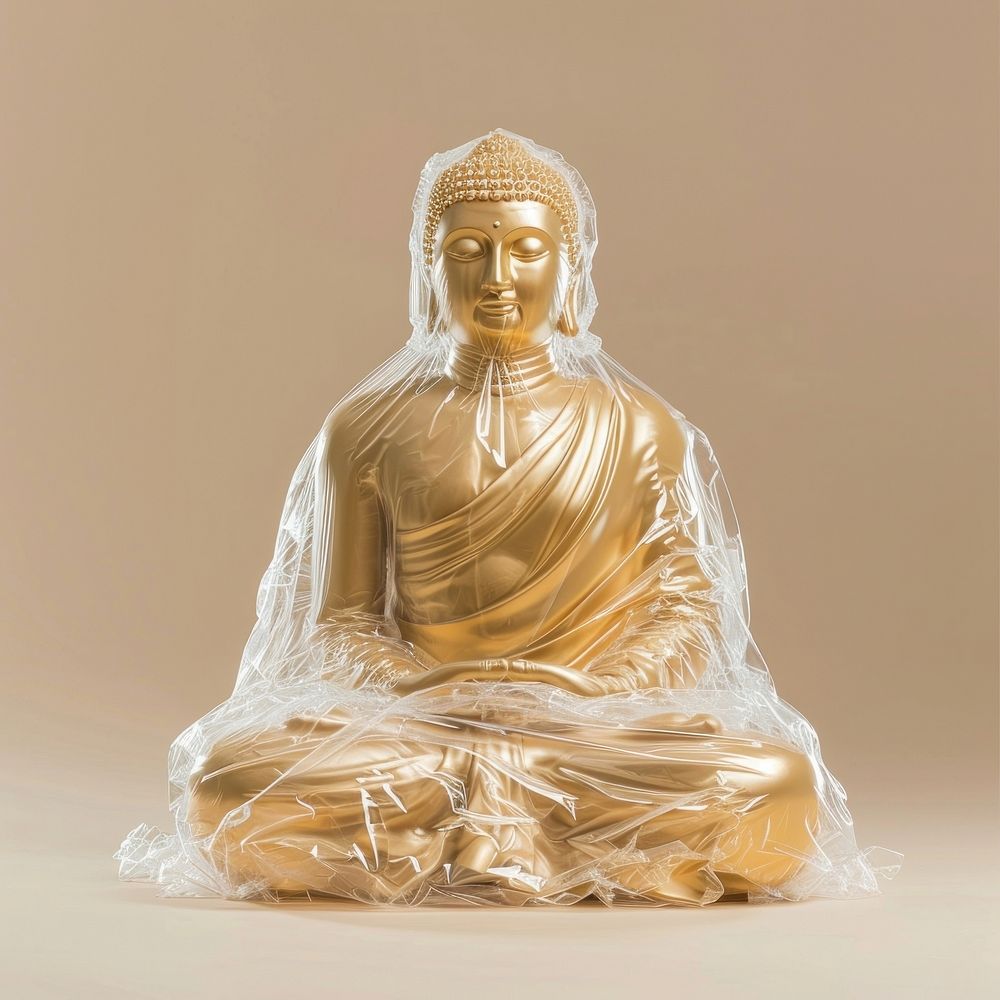 Plastic wrapping over gold buddha statue art representation spirituality.