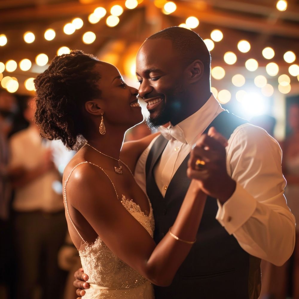 Black couple dancing at their wedding reception portrait adult bride.