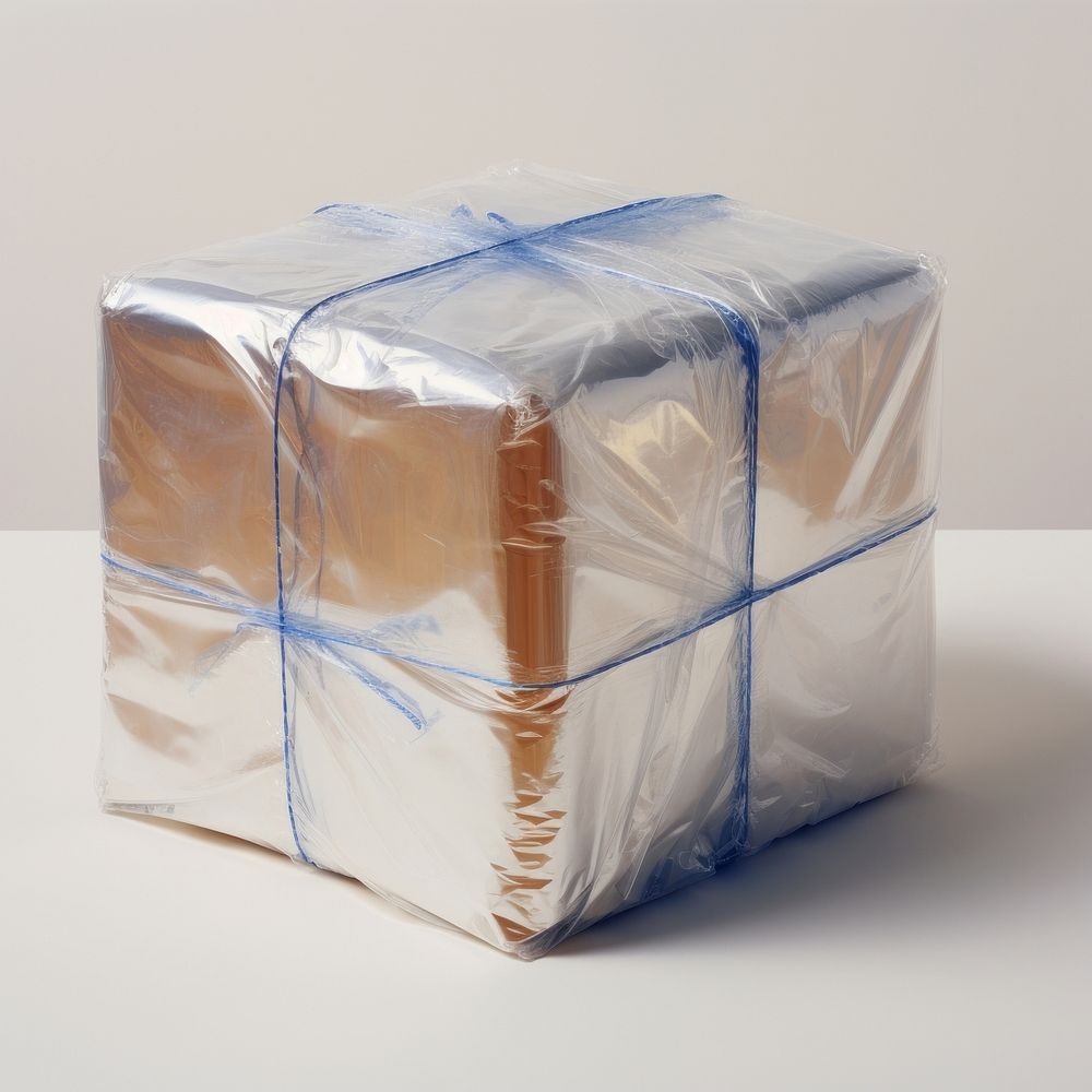Plastic wrapping over a cardbox furniture wrapped ribbon.