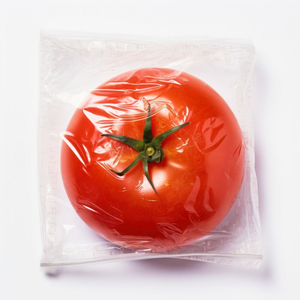 Plastic wrapping over a rotten tomato vegetable plant food.