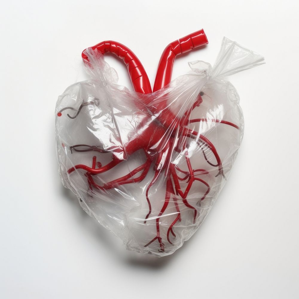 Plastic wrapping over a waste heart bag white background celebration.