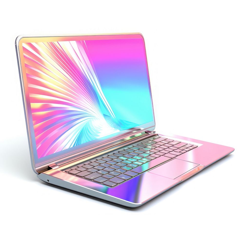 Computer iridescent laptop white background electronics.
