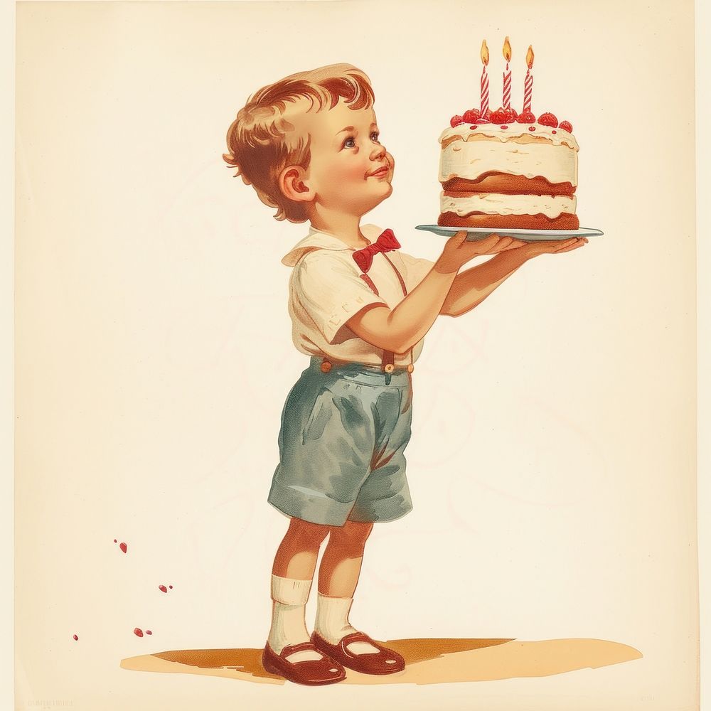 Vintage illustration a little boy cake birthday dessert.