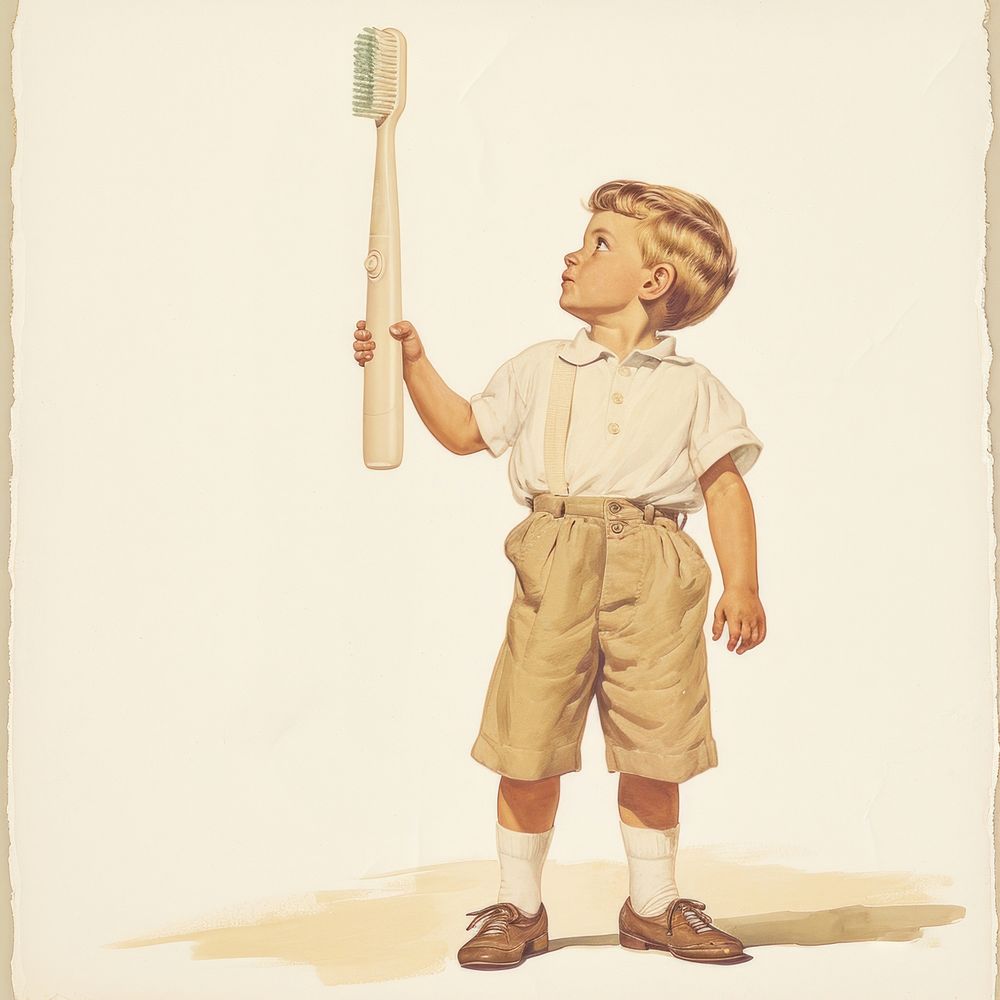 Vintage illustration a little boy toothbrush holding kid.