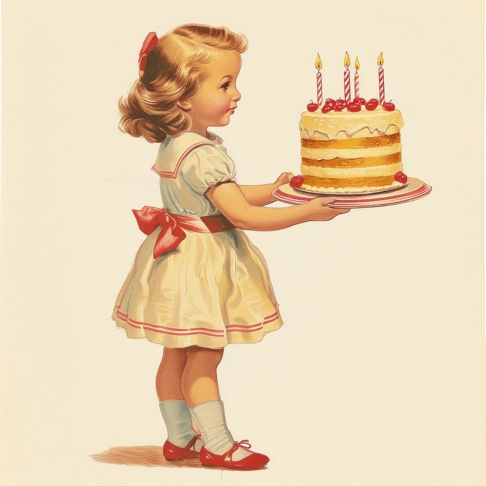 Vintage illustration a little girl cake birthday dessert.