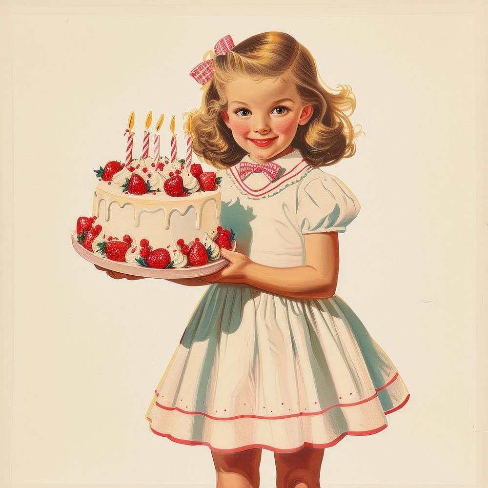 Vintage illustration a little girl cake birthday portrait.