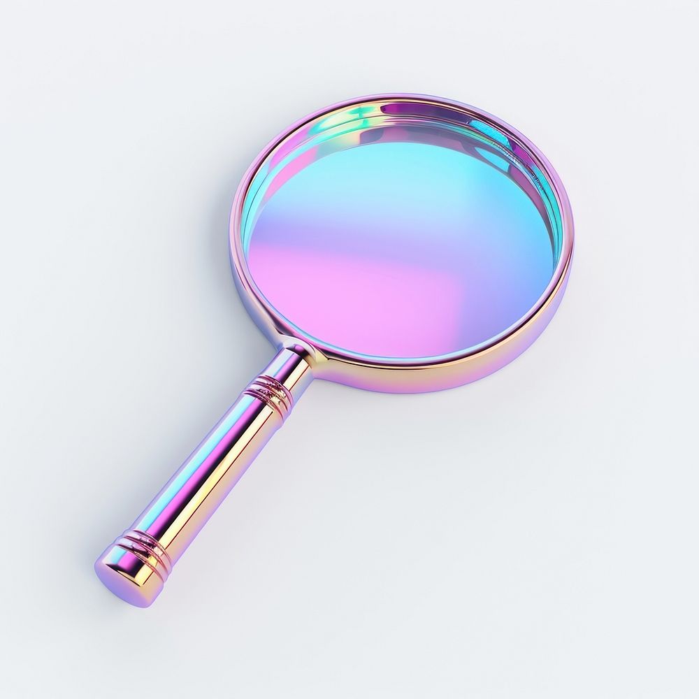 Magnifying glass icon iridescent white background reflection circle.