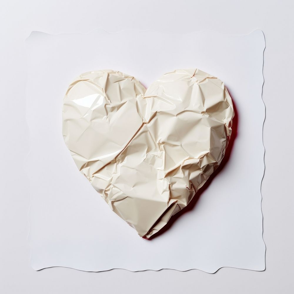 Heart Glued glossy paper Sticker crumpled white white background.