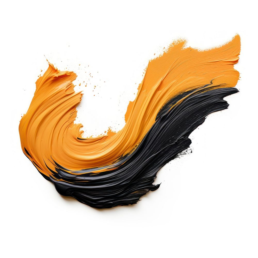 Pastel black orange flat paint brush stroke white background splattered abstract.