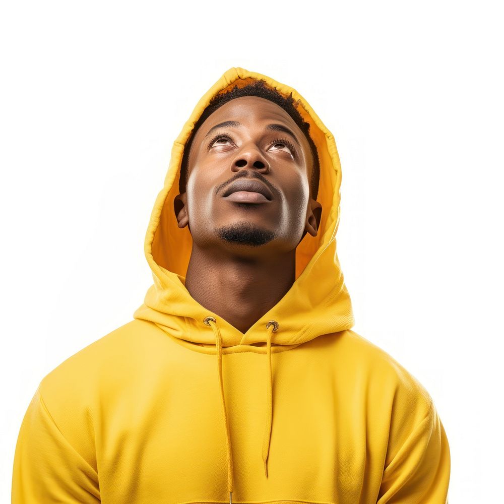 African american man thinking hood sweatshirt sweater.