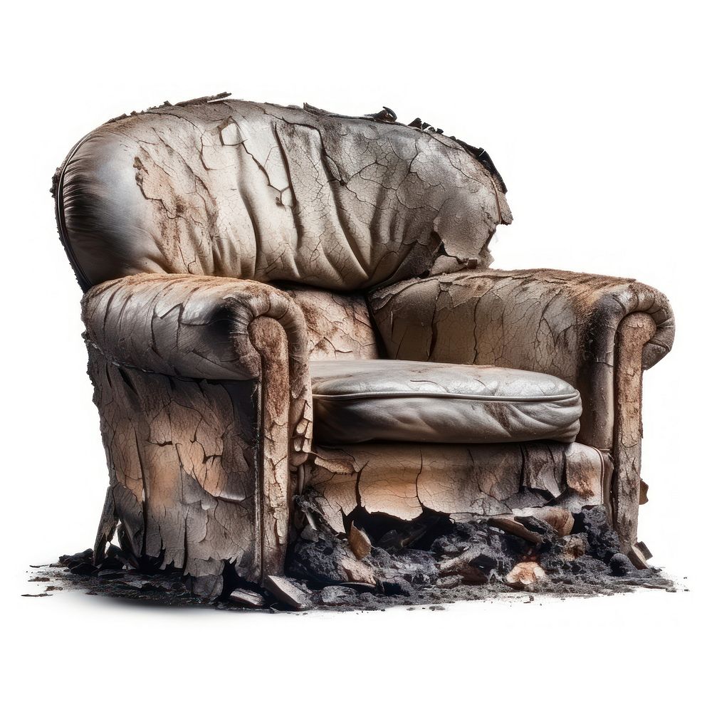 Armchair with burnt furniture white background deterioration.