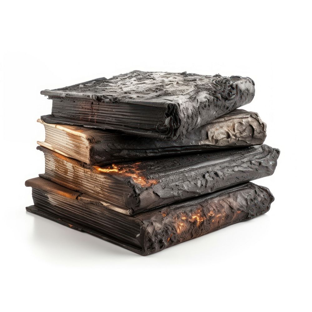 Book stack with burnt publication wood white background.