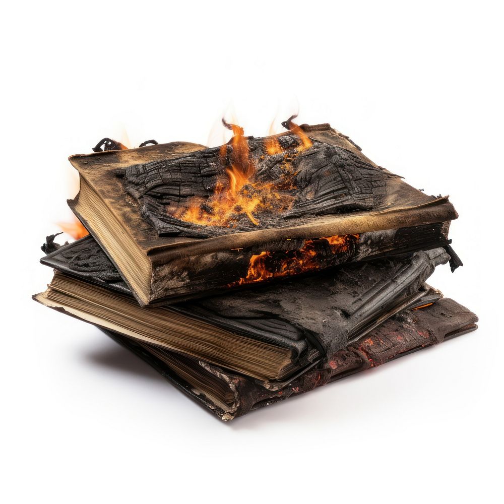 Book stack with burnt publication fireplace bonfire.