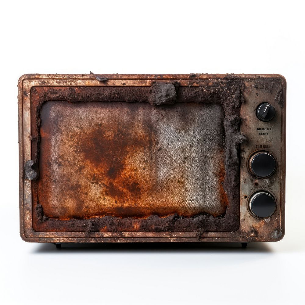 Microwave with burnt rust white background deterioration.