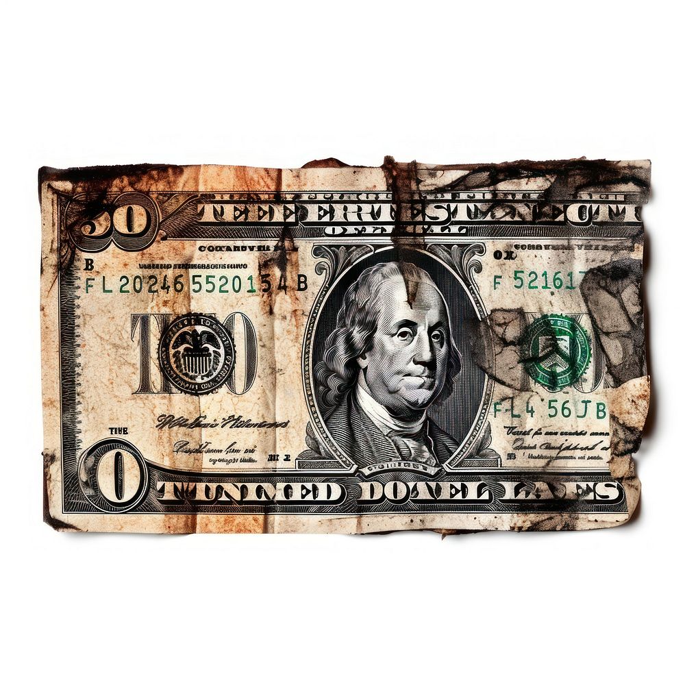 Money with burnt dollar text white background.